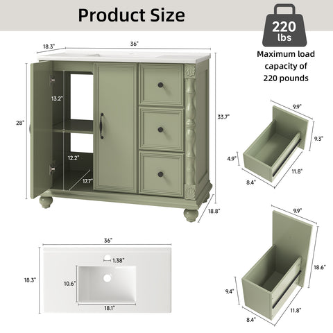 ONBRILL Bathroom Vanity with Sink Combo, Modern Bathroom Vanities with Adjustable Shelf, 4 Solid Legs, 2 Drawers, 2 Doors, Ceramic Integrated Sink, Freestanding Bath Storage Cabinet (36", Green)