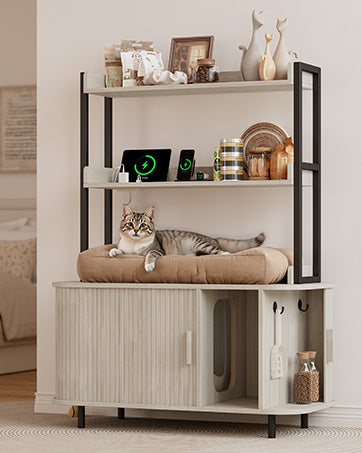 ONBRILL 54 Inch Hidden Litter Box Furniture with Shelves and Outlets,Fluted Cat Litter Box Enclosure, Mid-Century Modern Wooden Cat House with Sliding Tambour Door and Hooks