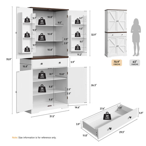 71" Tall Farmhouse Kitchen Pantry Storage Cabinety with 6 Door Shelves & Drawer
