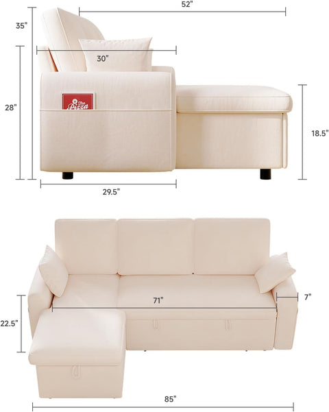 Terry Fleece Sectional Sleeper Couch with Pull Out Bed & 2 Pillows, White