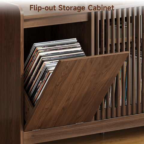 48" Record Player Stand with Flip-out Storage Cabinet, Holds 350+ Albums-Vinyl Record Table with Sliding Door & Adjustable Shelf, Modern Turntable Stand with Charging Station for Living Room Bedroom