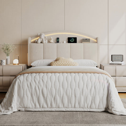 Upholstered Headboard Queen Size with LED Light, Curved Chenille Headboards with Charging Station, Adjustable Height Queen Headboard Only with Storage Shelf & Pocket, Head Board Easy Assembly