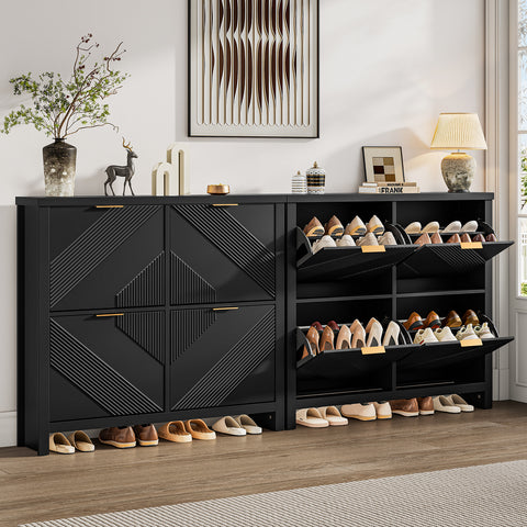 ONBRILL Shoe Cabinet with 4 Flip Drawers, Narrow Shoe Organizer with Symmetric Groove Pattern, Freestanding Wood Hidden Shoe Storage Cabinet for Entryway, Hallway