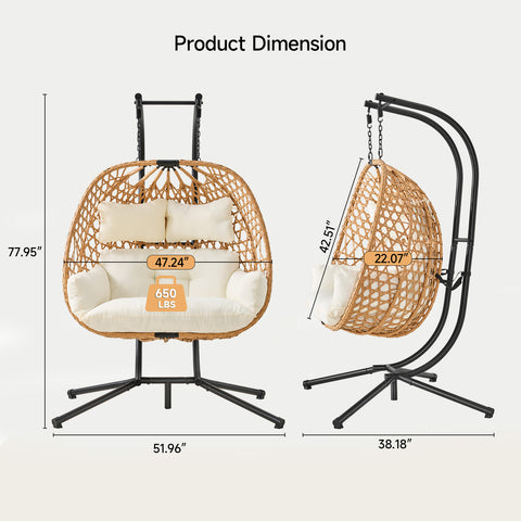ONBRILL Double Hanging Egg Chair with Stand, Bohemian Knot Style Hammock Swing Chair, Foldable Basket & Denser Weaves, 650 Lbs Capacity Loveseat with UV Resistant Cushion for Patio, Backyard