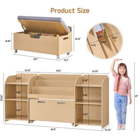 ONBRILL Kids Bookshelf with Reading Nook, 64.5" Toy Storage Organizer with Movable Bench with 3 Storage, Kids Bookcase with 3-Tier Bookshelf, 6 Storage Cubbies, Toy Box & Chest for Bedroom, Playroom