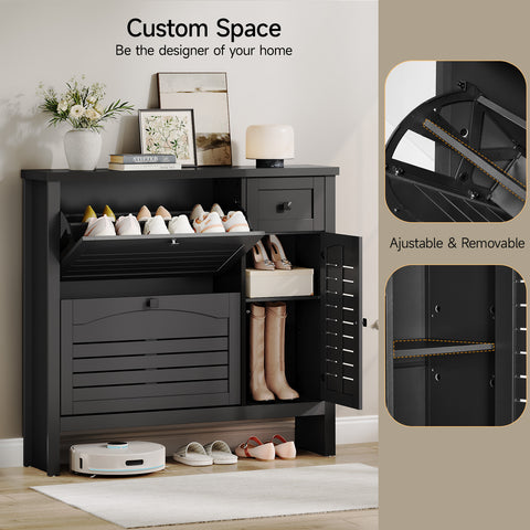 ONBRILL Shoe Storage Cabinet with 2 Flip Drawers, 1 Drawer, 1 Side Cabinet, Narrow Shoe Organizer with Ventilated Grille Panel & Movable Shelves, Freestanding Hidden Shoe Rack for Entryway