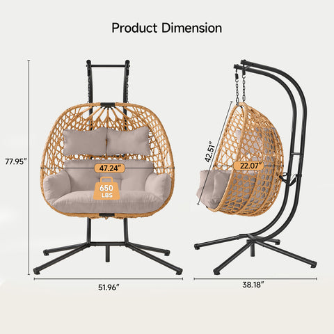 ONBRILL Double Hanging Egg Chair with Stand, Bohemian Knot Style Hammock Swing Chair, Foldable Basket & Denser Weaves, 650 Lbs Capacity Loveseat with UV Resistant Cushion for Patio, Backyard