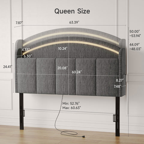 Upholstered Headboard Queen Size with LED Light, Curved Chenille Headboards with Charging Station, Adjustable Height Queen Headboard Only with Storage Shelf & Pocket, Head Board Easy Assembly
