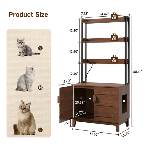 ONBRILL 68" Cat Litter Box Enclosure Furniture, Hidden Litter Box Cabinet with 4-Tier Storage Shelves and Outlet, Kitty Washroom Cabinet and Pet House, Fit Most of Litter Boxes for Living Room