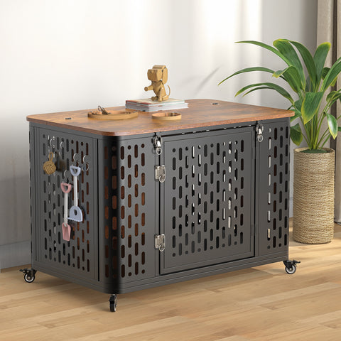 ONBRILL Heavy Duty Dog Crate Furniture for Large and Medium Dogs, 38.2 Inch/43.7 Inch Dog Crate Kennel with Flip Top & Cushion & Wheels, Escape Proof Pet Cage,Wooden Cage Kennel Furniture Indoor