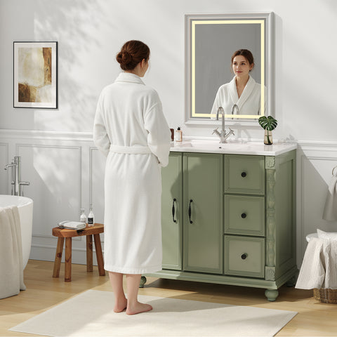 ONBRILL Bathroom Vanity with Sink Combo, Modern Bathroom Vanities with Adjustable Shelf, 4 Solid Legs, 2 Drawers, 2 Doors, Ceramic Integrated Sink, Freestanding Bath Storage Cabinet (36", Green)