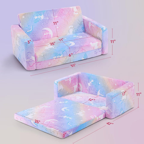 2 in 1 Fold Out Kids Sofa, Fairy Pattern, Pink