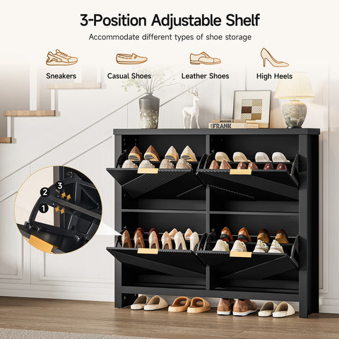 ONBRILL Shoe Cabinet with 4 Flip Drawers, Narrow Shoe Organizer with Symmetric Groove Pattern, Freestanding Wood Hidden Shoe Storage Cabinet for Entryway, Hallway