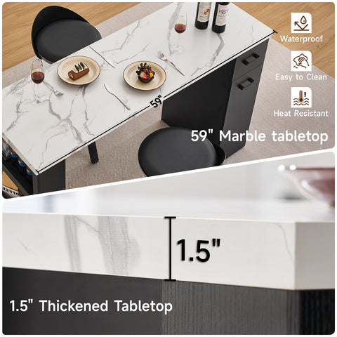 Bar Table, 59-Inch Modern Counter Height Pub Table w/Pull-Basket Drawer, 3-Tier Shelves, Kitchen Island Table w/1.5" Thick Marble Tabletop, Home Coffee Bar Unit for Dining Living Room Balcony Bistro