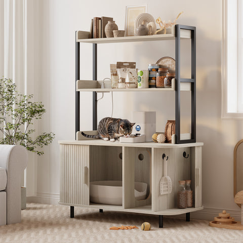 ONBRILL 54 Inch Hidden Litter Box Furniture with Shelves and Outlets,Fluted Cat Litter Box Enclosure, Mid-Century Modern Wooden Cat House with Sliding Tambour Door and Hooks