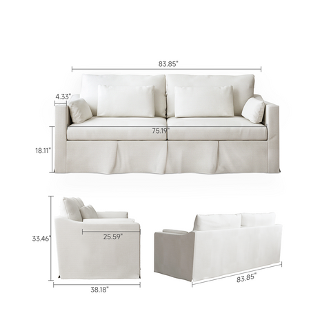 84" Modern Linen 3-Seater Slipcovered Sofa, White