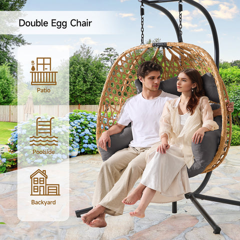 ONBRILL Double Hanging Egg Chair with Stand, Bohemian Knot Style Hammock Swing Chair, Foldable Basket & Denser Weaves, 650 Lbs Capacity Loveseat with UV Resistant Cushion for Patio, Backyard