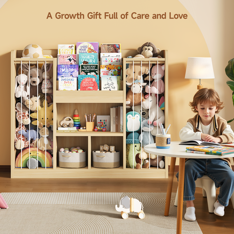 ONBRILL Two Wooden Stuffed Animal Storage, Toddler Toy Storage Organizer with 4-Tier Kids Bookshelf and 3 Open Cube Shlef, Multifunctional Bookcase for Kids Rooms Playroom Nursery