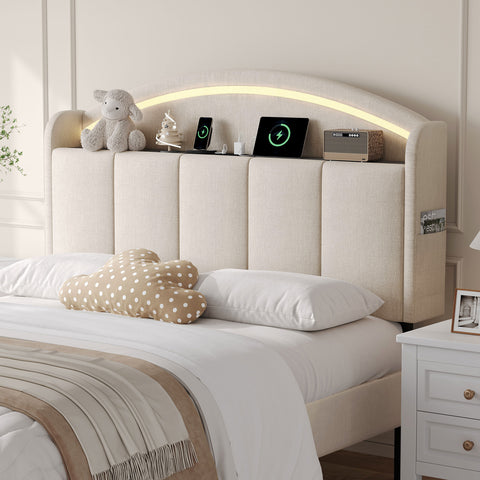 Upholstered Headboard Queen Size with LED Light, Curved Chenille Headboards with Charging Station, Adjustable Height Queen Headboard Only with Storage Shelf & Pocket, Head Board Easy Assembly