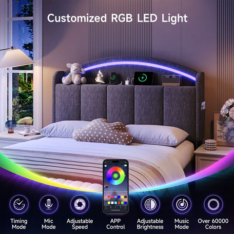 Upholstered Headboard Queen Size with LED Light, Curved Chenille Headboards with Charging Station, Adjustable Height Queen Headboard Only with Storage Shelf & Pocket, Head Board Easy Assembly