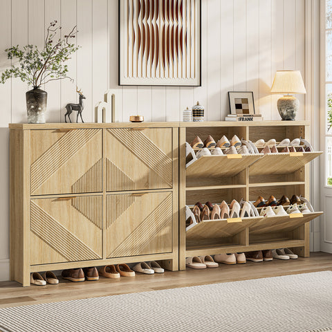 ONBRILL Shoe Cabinet with 4 Flip Drawers, Narrow Shoe Organizer with Symmetric Groove Pattern, Freestanding Wood Hidden Shoe Storage Cabinet for Entryway, Hallway