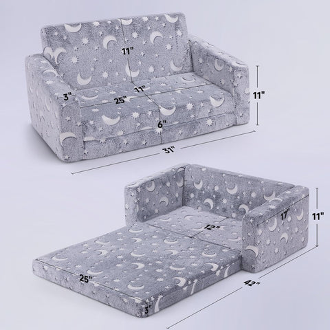 2 in 1 Fold Out Kids Sofa, Moon & Star Pattern, Grey