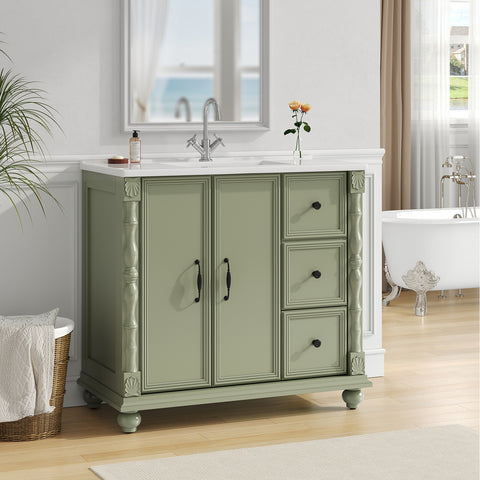 ONBRILL Bathroom Vanity with Sink Combo, Modern Bathroom Vanities with Adjustable Shelf, 4 Solid Legs, 2 Drawers, 2 Doors, Ceramic Integrated Sink, Freestanding Bath Storage Cabinet (36", Green)