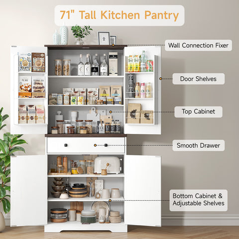 71" Tall Farmhouse Kitchen Pantry Storage Cabinety with 6 Door Shelves & Drawer