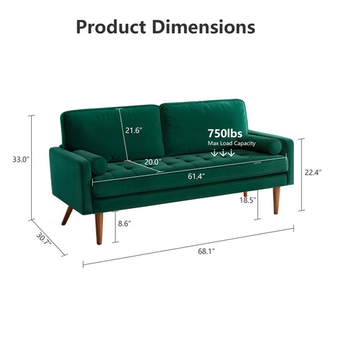 68" Mid-Century Velvet Loveseat Sofa