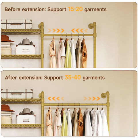 ONBRILL H2 Wall Mounted Clothing Rack, Expandable Industrial Pipe Clothes Rack Garment Racks for Hanging Clothes, Heavy Duty Closet Organizers and Storage in Closet System, Gold