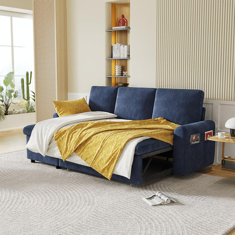 Terry Fleece Sectional Sleeper Couch with Pull Out Bed & 2 Pillows, Blue
