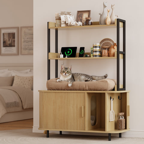 ONBRILL 54 Inch Hidden Litter Box Furniture with Shelves and Outlets,Fluted Cat Litter Box Enclosure, Mid-Century Modern Wooden Cat House with Sliding Tambour Door and Hooks
