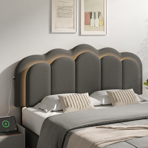 ONBRILL Upholstered Headboard Full/Queen Size with USB & Type C Port, Linen Double Wavy Headboard with RGB LED Light, Adjustable Height from 44.4" to 53.1", Attach Frame, Easy Assembly