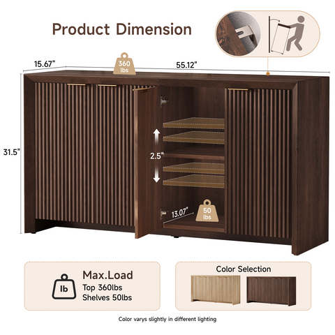 ONBRILL Fluted Sideboard Buffet Cabinet with Storage, Wooden Modern Fluted Sideboard with 4 Doors and 5 Adjustable Shelves, Coffee Bar Table for Dining Room, Hallway, Kitchen