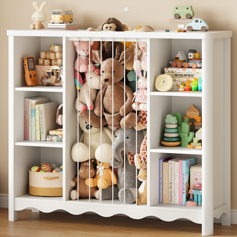 Wooden Stuffed Animal Storage, 6 Cube Toy Storage Organizer w/Wave Design, Plush Toy Organizers and Storage w/Elastic Band Thick Board, Kids Bookshelf for Kids Room Nursery Playroom