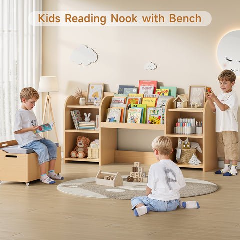 ONBRILL Kids Bookshelf with Reading Nook, 64.5" Toy Storage Organizer with Movable Bench with 3 Storage, Kids Bookcase with 3-Tier Bookshelf, 6 Storage Cubbies, Toy Box & Chest for Bedroom, Playroom