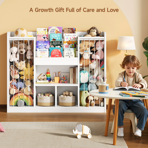 ONBRILL Two Wooden Stuffed Animal Storage, Toddler Toy Storage Organizer with 4-Tier Kids Bookshelf and 3 Open Cube Shlef, Multifunctional Bookcase for Kids Rooms Playroom Nursery (White)
