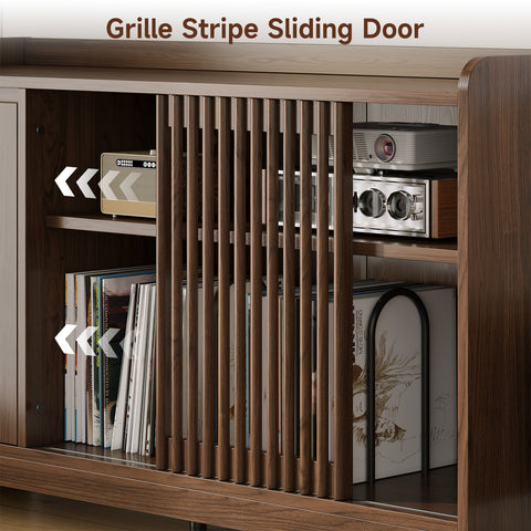 48" Record Player Stand with Flip-out Storage Cabinet, Holds 350+ Albums-Vinyl Record Table with Sliding Door & Adjustable Shelf, Modern Turntable Stand with Charging Station for Living Room Bedroom