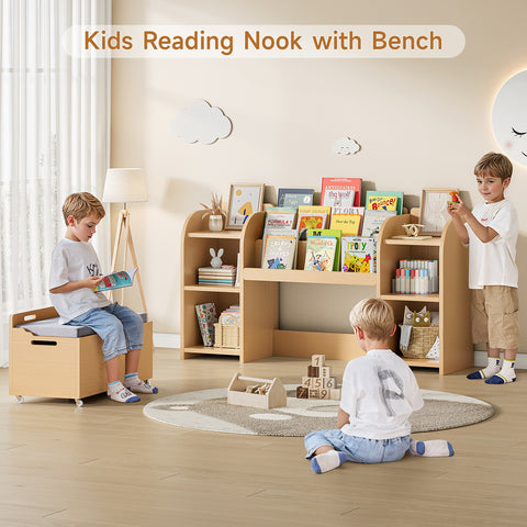 ONBRILL Kids Bookshelf with Reading Nook, 55.2" Toy Storage Organizer, 6 Storage Cubbies, Kids Bookcase with 3-Tier Bookshelf