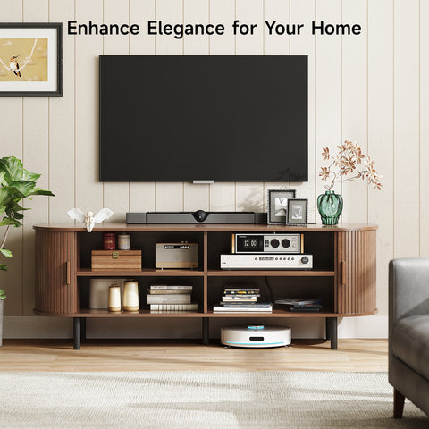 ONBRILL 63" TV Stand with Power Outlet for TVs up to 70 Inch, Entertainment Center with Storage and Adjustable Shelves, Modern Media Console with Sliding Doors for Living Room, Walnut