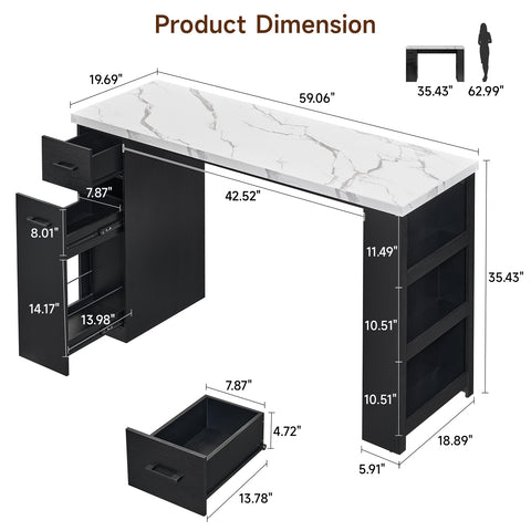 Bar Table, 59-Inch Modern Counter Height Pub Table w/Pull-Basket Drawer, 3-Tier Shelves, Kitchen Island Table w/1.5" Thick Marble Tabletop, Home Coffee Bar Unit for Dining Living Room Balcony Bistro