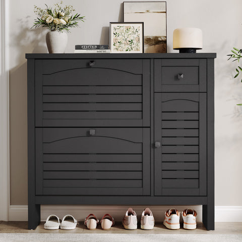 ONBRILL Shoe Storage Cabinet with 2 Flip Drawers, 1 Drawer, 1 Side Cabinet, Narrow Shoe Organizer with Ventilated Grille Panel & Movable Shelves, Freestanding Hidden Shoe Rack for Entryway