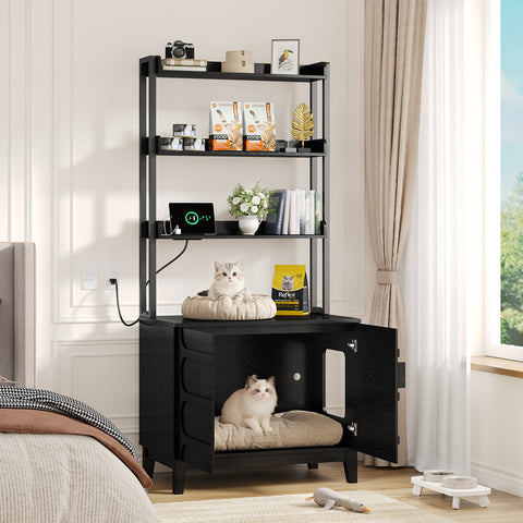 ONBRILL 68" Cat Litter Box Enclosure Furniture, Hidden Litter Box Cabinet with 4-Tier Storage Shelves and Outlet, Kitty Washroom Cabinet and Pet House, Fit Most of Litter Boxes for Living Room
