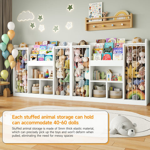 ONBRILL Two Wooden Stuffed Animal Storage, Toddler Toy Storage Organizer with 4-Tier Kids Bookshelf and 3 Open Cube Shlef, Multifunctional Bookcase for Kids Rooms Playroom Nursery (White)