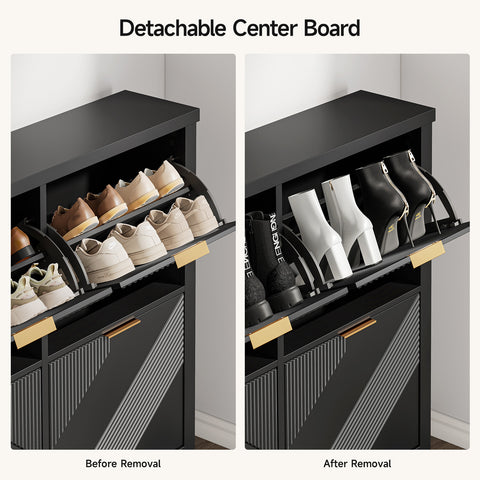 ONBRILL Shoe Cabinet with 4 Flip Drawers, Narrow Shoe Organizer with Symmetric Groove Pattern, Freestanding Wood Hidden Shoe Storage Cabinet for Entryway, Hallway