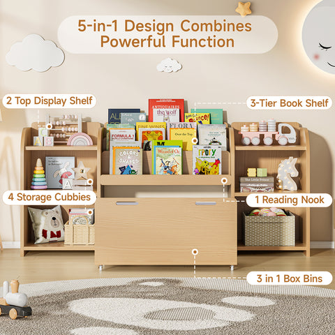ONBRILL Kids Bookshelf with Reading Nook, 64.5" Toy Storage Organizer with Movable Bench with 3 Storage, Kids Bookcase with 3-Tier Bookshelf, 6 Storage Cubbies, Toy Box & Chest for Bedroom, Playroom