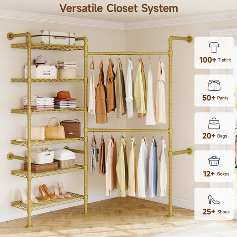 ONBRILL H2 Wall Mounted Clothing Rack, Expandable Industrial Pipe Clothes Rack Garment Racks for Hanging Clothes, Heavy Duty Closet Organizers and Storage in Closet System, Gold