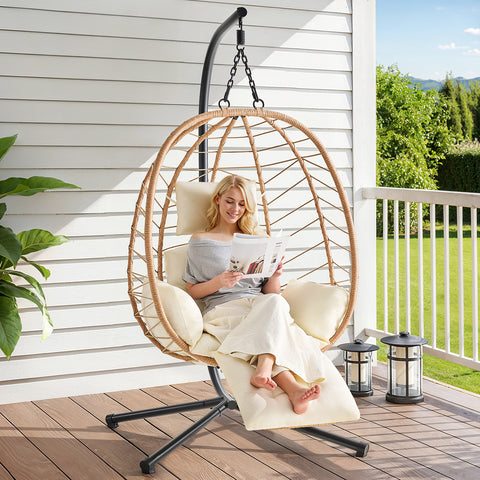 ONBRILL Hanging Egg Chair with Adjustable Footrest & Stand, Wicker Rattan Swing Hammock Chair with Cushion & Double Chains, 350LBS Capacity for Outdoor & Indoor Patio, Deck, Bedroom, Balcony