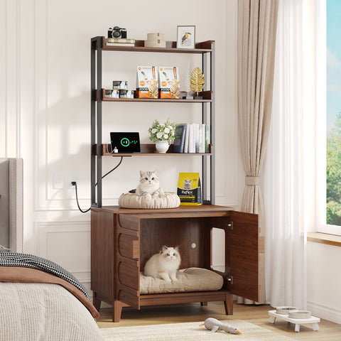 ONBRILL 68" Cat Litter Box Enclosure Furniture, Hidden Litter Box Cabinet with 4-Tier Storage Shelves and Outlet, Kitty Washroom Cabinet and Pet House, Fit Most of Litter Boxes for Living Room