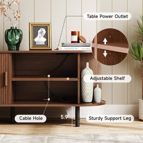 ONBRILL 63" TV Stand with Power Outlet for TVs up to 70 Inch, Entertainment Center with Storage and Adjustable Shelves, Modern Media Console with Sliding Doors for Living Room, Walnut